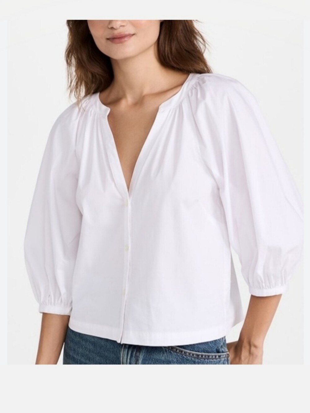 STAUD White V-Neck Button Poplin Blouse with Puff Sleeves